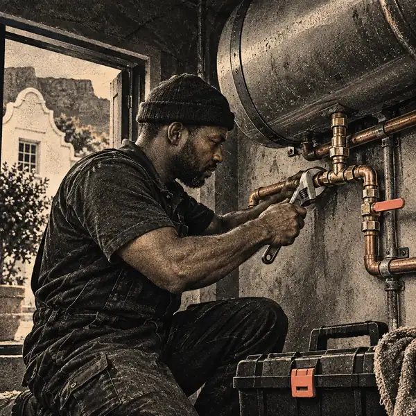 Lekker Fix: plumber fitting copper pipes to a geyser in a Cape Town home